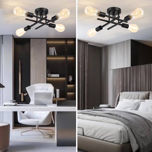 Ceiling Light, 4-Light Black Ceiling Light Fixture, Semi Flush Mount Ceiling Light, Dining Room Light Fixture, Modern Ceiling Lights with E26 Base, Bedroom Lights for Ceiling,Light Fixture for Bedroom