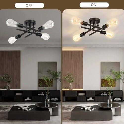 Ceiling Light, 4-Light Black Ceiling Light Fixture, Semi Flush Mount Ceiling Light, Dining Room Light Fixture, Modern Ceiling Lights with E26 Base, Bedroom Lights for Ceiling,Light Fixture for Bedroom