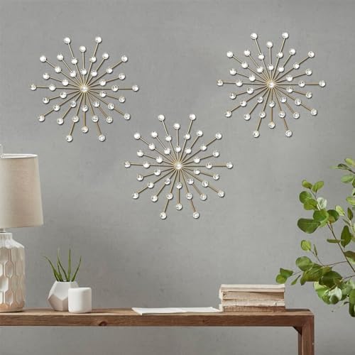 3 Set Gold Metal Jeweled Wall Art Bling Crystal Home Décor Star Sun Rhinestone Wall Hanging Diamond Accents