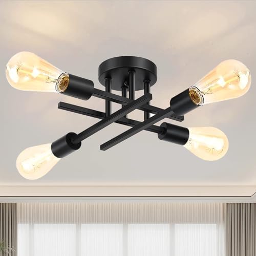 Ceiling Light, 4-Light Black Ceiling Light Fixture, Semi Flush Mount Ceiling Light, Dining Room Light Fixture, Modern Ceiling Lights with E26 Base, Bedroom Lights for Ceiling,Light Fixture for Bedroom