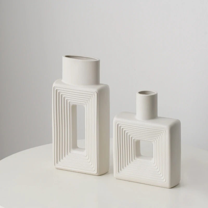 White Ceramic Vase Set of 2，Square Vase Rustic Home Decor Minimalist Nordic Boho Style for Living Room, Shelf, Table, Bookshelf