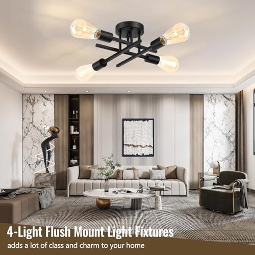 Ceiling Light, 4-Light Black Ceiling Light Fixture, Semi Flush Mount Ceiling Light, Dining Room Light Fixture, Modern Ceiling Lights with E26 Base, Bedroom Lights for Ceiling,Light Fixture for Bedroom