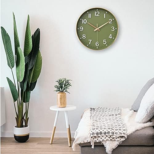 HZDHCLH Wall Clocks Battery Operated,12 inch Silent Non Ticking Modern Wall Clock for Living Room Bedroom Kitchen Office Classroom Decor (Olive Green and Gold)