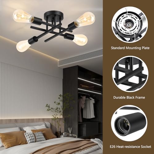 Ceiling Light, 4-Light Black Ceiling Light Fixture, Semi Flush Mount Ceiling Light, Dining Room Light Fixture, Modern Ceiling Lights with E26 Base, Bedroom Lights for Ceiling,Light Fixture for Bedroom