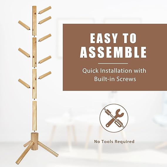 Wooden Tree Coat Rack Stand,Sturdy Freestanding Coat Rack with 8 Hooks,3 Adjustable Height for Child Adult,Wood Coat Stand Tree Fits Entryway Bedroom Office for Bags,Hats