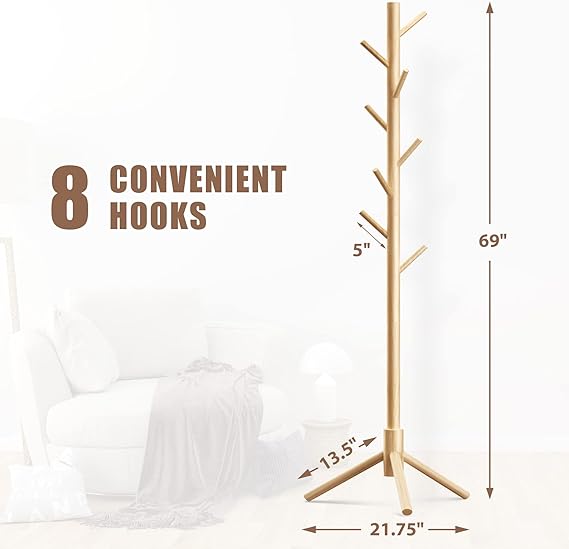 Wooden Tree Coat Rack Stand,Sturdy Freestanding Coat Rack with 8 Hooks,3 Adjustable Height for Child Adult,Wood Coat Stand Tree Fits Entryway Bedroom Office for Bags,Hats