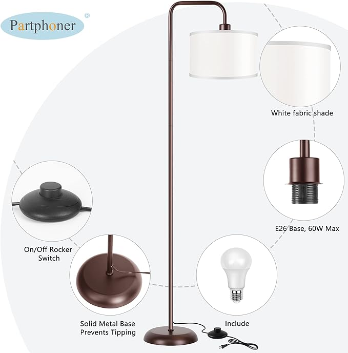 PARTPHONER LED Floor Lamp for Living Room, 3 Color Temperature, with Foot Switch, 9W Bulb Included, Oil Rubbed Bronze