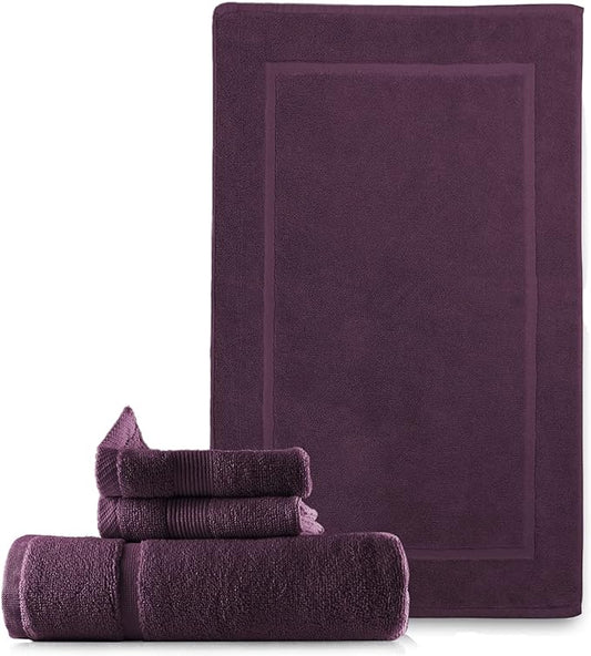 Hearth & Harbor Bath Mat Towels - 100% Ring Spun Cotton Luxury Bath Mat Floor Towels - Ultra Soft & Highly Absorbent Bath Towels Set of 4 - Purple