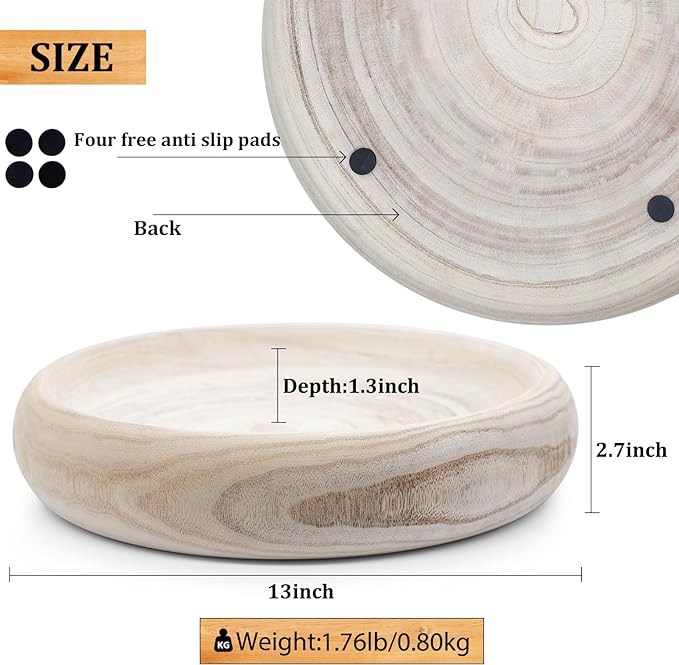 Wooden Bowls Round Decorative Paulownia Wood Centerpiece Bowls for Home Decor Natural Fruit Bowl for Coffee Table Key Tray for Entryway Moss Holder