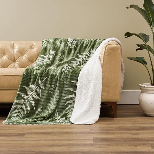 Northwest Ashford Home Cozy Silk Touch Ribbed Throw Blanket with Sherpa Lynwood Botanical 50 x 60 inches