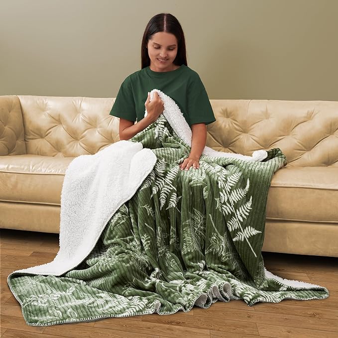 Northwest Ashford Home Cozy Silk Touch Ribbed Throw Blanket with Sherpa Lynwood Botanical 50 x 60 inches