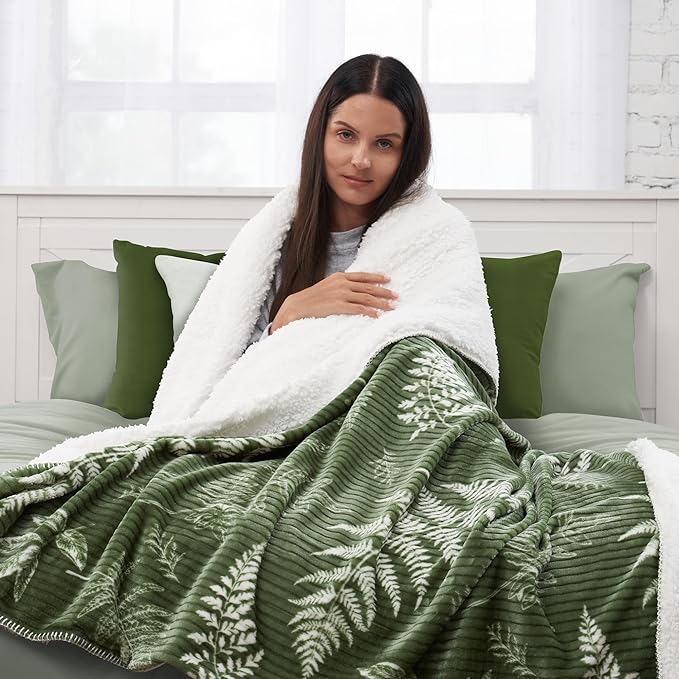 Northwest Ashford Home Cozy Silk Touch Ribbed Throw Blanket with Sherpa Lynwood Botanical 50 x 60 inches